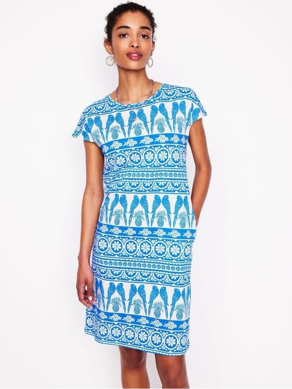 Boden Leah Jersey T-Shirt Dress Blue White Parrot Pineapple Print US 14R